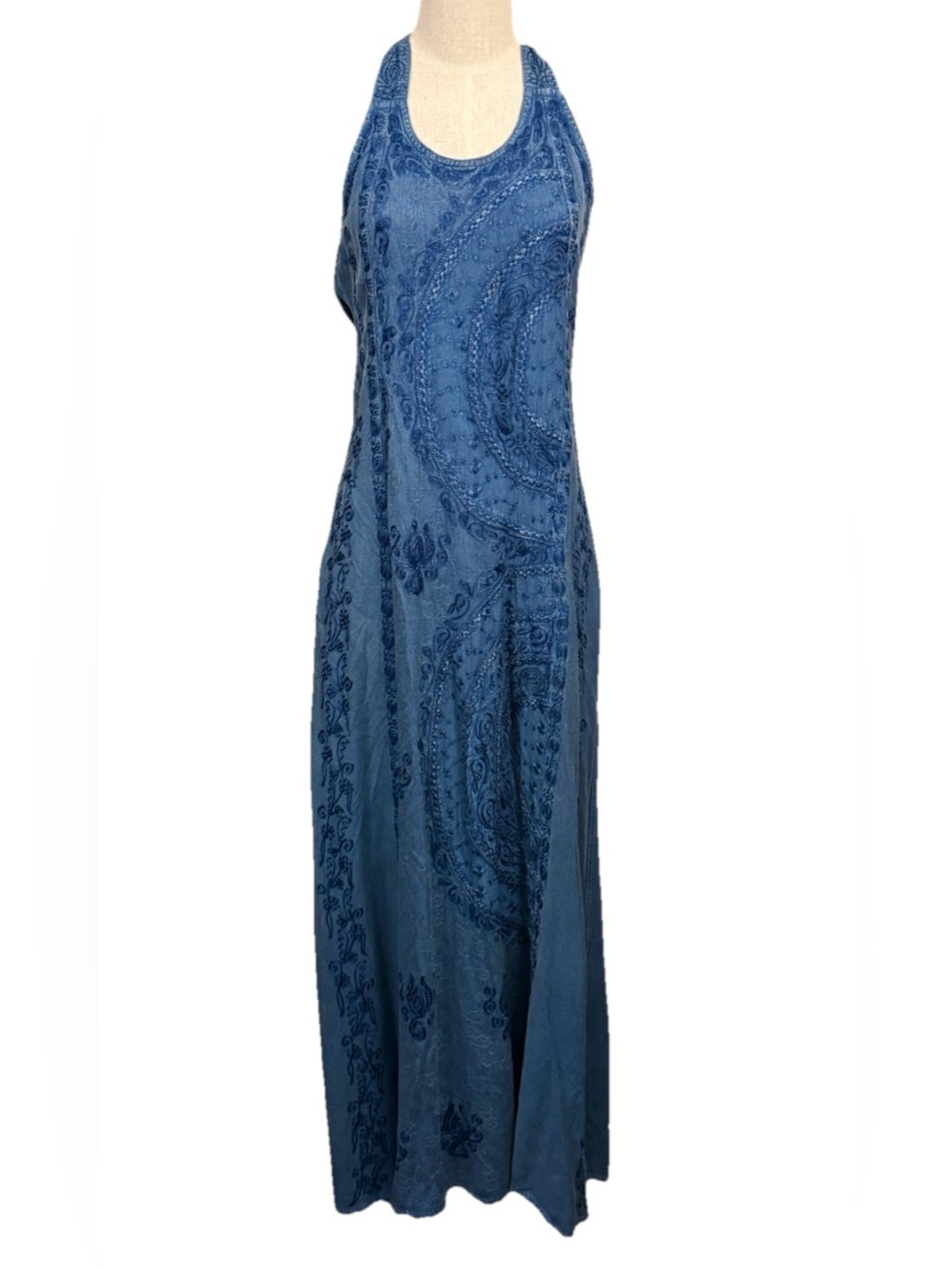 NWT Women’s Blue Halter Tie Bohemian Embroidered Maxi Dress “Free Size”
